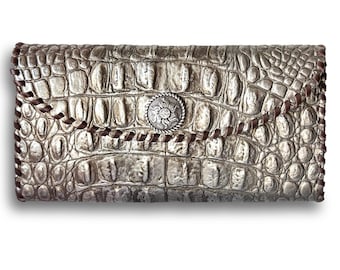 Bronze Metallic Croc Alligator Wallet - Gator Embossed Cowhide Leather Western Style Women's Wallet by T's Studio Leather