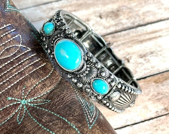 Silver and Turquoise Stone Stretch Bracelet - Western Style Boho Chic Jewelry