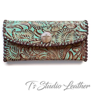 Genuine Leather Western Style Tri Fold Women&#39;s Wallet in Turquoise Brown Floral Textured Cowhide with Concho Snap Closure