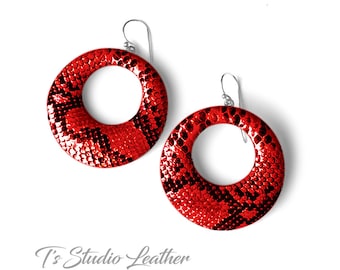 Red and Black Python Snakeskin Leather Hoop Earrings - Available in colors White/Black, Brown/Black or Red/Black