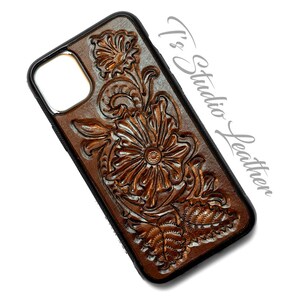 Hand Tooled Dark Brown Leather Phone Case - Western Style Tool Leather Floral Phone Case for iPhone or Samsung