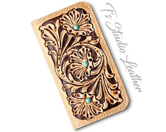 Western Style Hand Tooled Leather Wallet Style Phone Case by Ts Studio Leather Natural Tan -  Floral Tool Case for iPhone or Samsung Phones