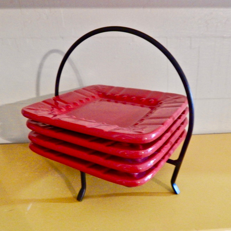Signatures Ruby Red Fleur de lis Appetizer Plates with Caddy Etsy