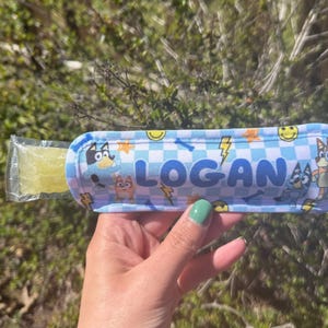 May include: A blue and white popsicle holder with a checkered pattern and cartoon dogs. The holder has the name "LOGAN" printed on it.