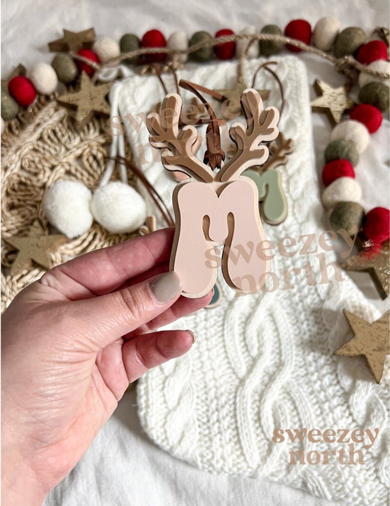 matte nude initial with matte brown reindeer antler personalized stocking tag