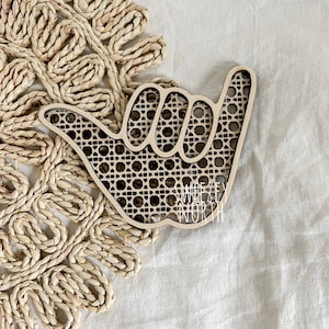 Shaka hand cane sign | surfboard decor | surf decor | make waves | faux rattan Shaka hand | surfer decor | coastal room decor | surf theme