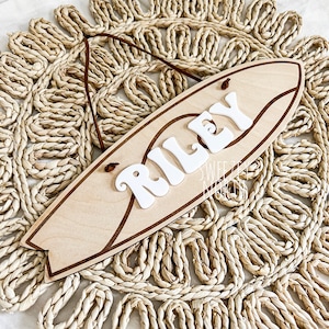 May include: A wooden surfboard sign with the name "RILEY" in white letters. The sign is hanging from a brown cord and is on a woven straw mat.