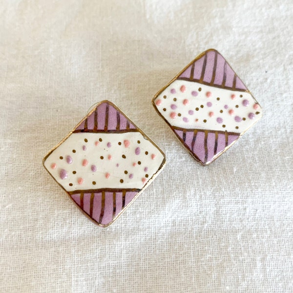 Vintage 80s Artisan Porcelain Purple and White, Polka Dot Ceramic Earrings-Retro 80s Pastel Glitz Glam Statement Abstract Memphis Style!