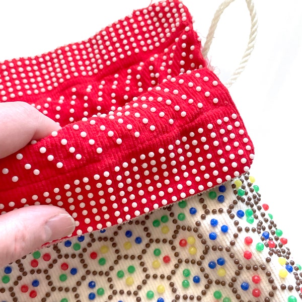 Super Cute Honeycomb Pattern Multicolored 1960s Bubble Bead Purse, Bag, REVERSIBLE, Corde Bead Bag, Draw String, Hard to Find Style!