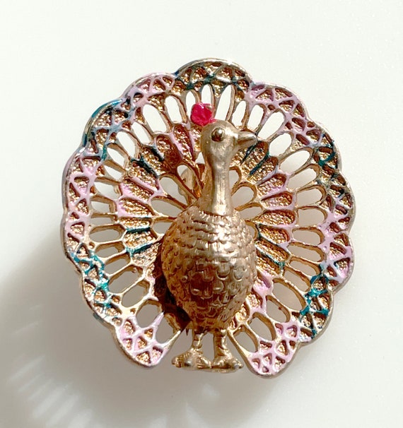 Sweet 1960's Peacock Brooch, Pin, Lapel Pin-Gold … - image 1