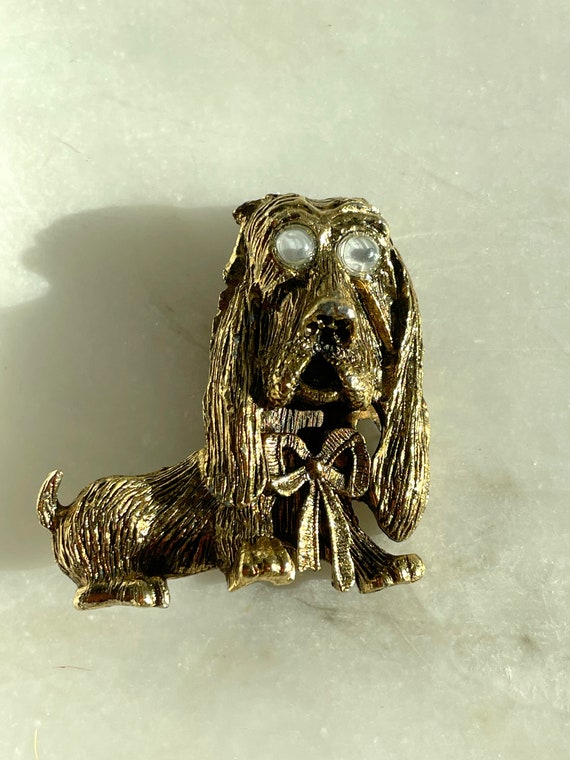 Vintage 60s Googly Eyed Dog Puppy Pin Brooch- Gold