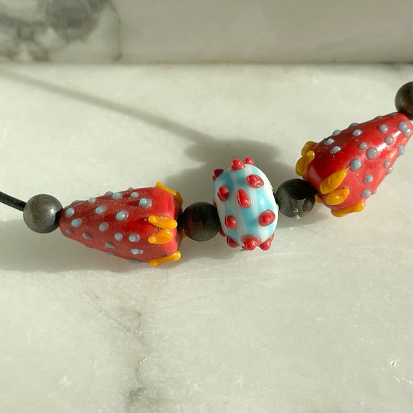 Summer Strawberries Artisan Glass Lamp Work Strawberry Choker Necklace- Leather and Sterling Cord, Polka Dots, Fruit Necklace Festival Wear