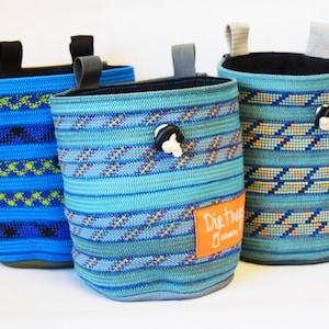 Blue Recycled Rope Chalk Bag: Repurposed climbing rope, reusing outdoor textiles. Dirtbags Climbing