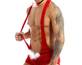 Men One-Piece Velvet Christmas Lingerie Wide Shoulder Straps Leotard Bodysuit Wrestling Singlet Underwear With Bowtie