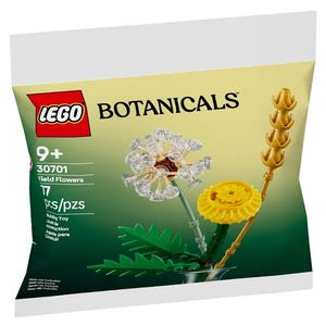 May include: LEGO Botanicals set featuring a field flower bouquet with a dandelion, a yellow flower, and a wheat stalk. The set includes 17 pieces and is recommended for ages 9 and up.