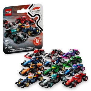 May include: A set of 12 LEGO Formula 1 race cars. Each car is a different color and has a unique driver. The cars are all in a line, with the front car facing the viewer. The set includes a small card with the LEGO logo and the words "Formula 1." The card also says "12 to collect."