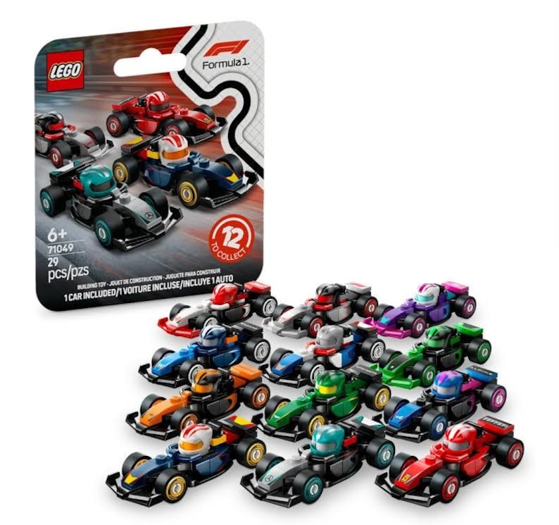 May include: A set of 12 LEGO Formula 1 race cars. Each car is a different color and has a unique driver. The cars are all in a line, with the front car facing the viewer. The set includes a small card with the LEGO logo and the words "Formula 1." The card also says "12 to collect."