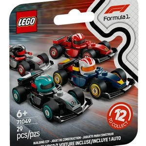 May include: LEGO Formula 1 71049 building set with 29 pieces. The set includes a black and green race car with a teal driver. The packaging shows a red, black, and blue race car. The packaging also says "12 to collect".