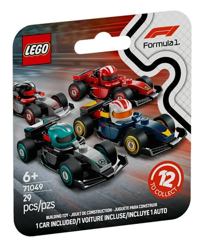 May include: LEGO Formula 1 71049 building set with 29 pieces. The set includes a black and green race car with a teal driver. The packaging shows a red, black, and blue race car. The packaging also says "12 to collect".