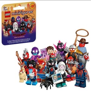May include: A collection of LEGO Spider-Man minifigures from the "Across the Spider-Verse" series. The set includes various characters with unique designs and accessories, such as a guitar, a lasso, and a small spider. The packaging is visible in the upper left corner.