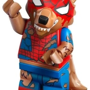 May include: A Lego minifigure of a werewolf-spider hybrid. The figure has a brown wolf head with a red spider-web mask, a red and blue torso, and blue and brown legs. The figure is posed with one arm raised.