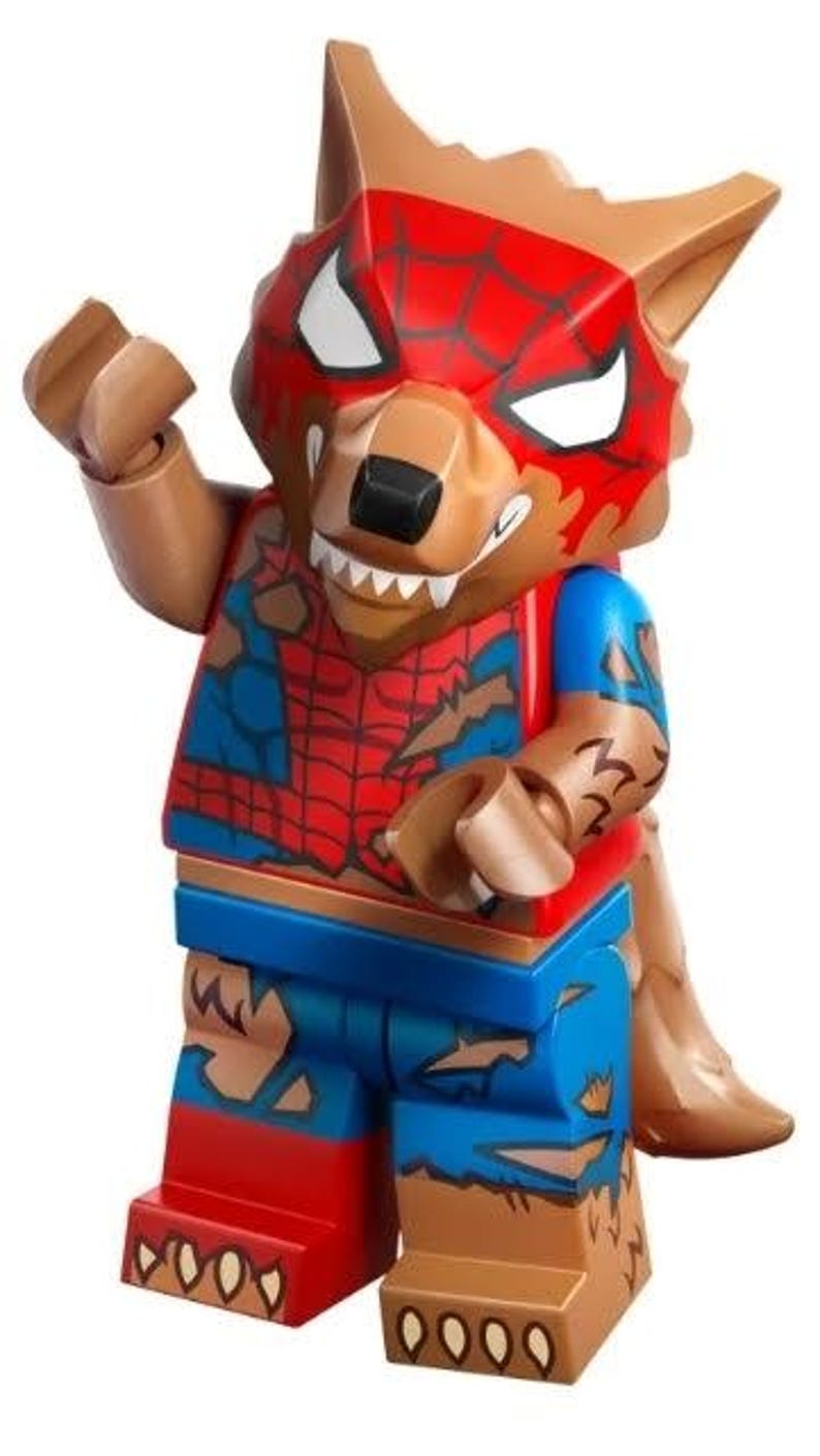 May include: A Lego minifigure of a werewolf-spider hybrid. The figure has a brown wolf head with a red spider-web mask, a red and blue torso, and blue and brown legs. The figure is posed with one arm raised.