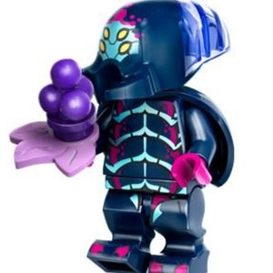 May include: A blue and purple LEGO minifigure with a dark blue helmet and a purple and pink flower in its hand. The minifigure has a blue and pink body with a blue and white pattern.