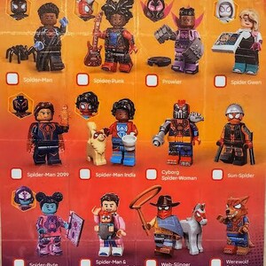 May include: A promotional image of Lego Minifigures from the Spider-Man Across the Spider-Verse series. The image features various Lego figures, including Spider-Man, Spider-Punk, and Spider-Gwen. The background is a vibrant orange and red.