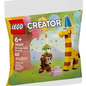 May include: A sealed LEGO Creator set featuring a birthday party theme. The set includes a giraffe, a monkey with a birthday cake, and a pink gift box. The packaging displays the LEGO and Creator logos, and the text "Birthday Party Animals".