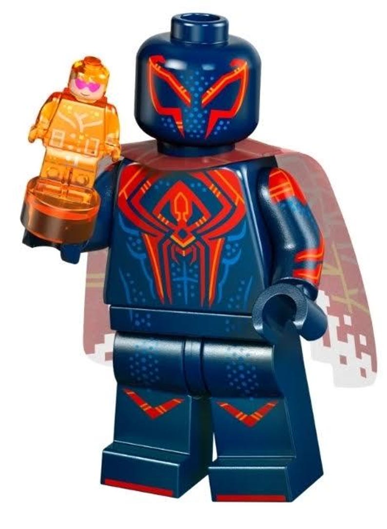 Puede incluir: Una figura de acci&oacute;n de Lego azul oscuro con detalles rojos y naranjas, sosteniendo una figura naranja m&aacute;s peque&ntilde;a. La figura tiene un dise&ntilde;o de telara&ntilde;a rojo y naranja en el pecho y una m&aacute;scara roja. Una capa roja y blanca est&aacute; adjunta.