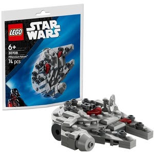 Puede incluir: Conjunto de construcción LEGO Star Wars Millennium Falcon. El conjunto incluye 74 piezas y se recomienda para niños de 6 años en adelante. El Millennium Falcon es una nave espacial gris con detalles rojos. El conjunto está empaquetado en una caja azul y blanca con el logotipo de LEGO Star Wars.
