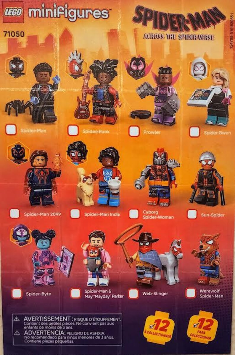 Puede incluir: Imagen promocional de minifiguras de Lego de la serie Spider-Man Across the Spider-Verse. Las figuras incluyen Spider-Man, Spider-Punk, Prowler, Spider-Gwen, Spider-Man 2099, Spider-Man India, Cyborg Spider-Woman, Sun-Spider, Spider-Byte, Web-Slinger y Werewolf Spider-Man.
