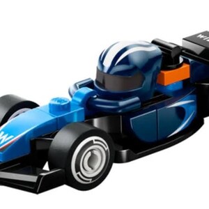 May include: A blue and black Lego Formula 1 race car with the word "WILLIAMS" printed on the back. The car has a driver figure with a blue helmet and a white stripe.