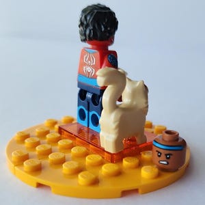 Puede incluir: Una minifigura de Lego con torso rojo y azul y pelo negro est&aacute; sobre una base amarilla. Una figura de animal de color canela y una olla marr&oacute;n con una franja azul tambi&eacute;n est&aacute;n en la base. La minifigura tiene un dise&ntilde;o de ara&ntilde;a blanca en el pecho.