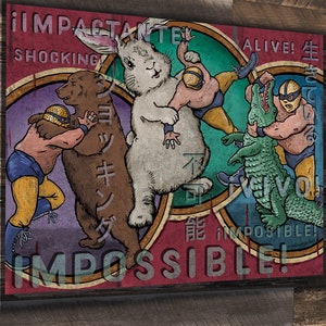 Lucha Libre Luchador Wrestler Grizzly Bear, Giant Rabbit, and Deadly Alligator Poster