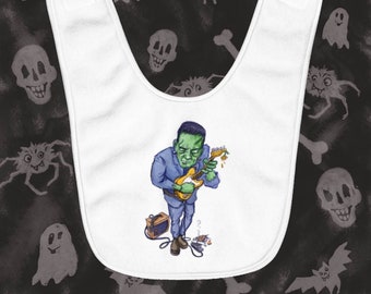 Baby Bib Frankenstein Monster Rocker Musician Guitar Rock and Roll Music Cartoon Comic Illustration Art Shower Gift