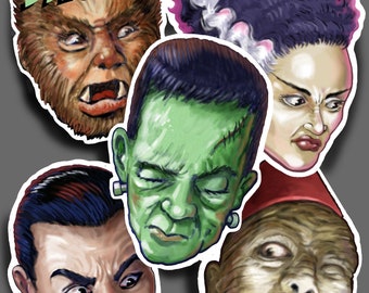 5 Monster Stickers Frankenstein, Bride of Frankenstein, Wolfman, Dracula, Mummy