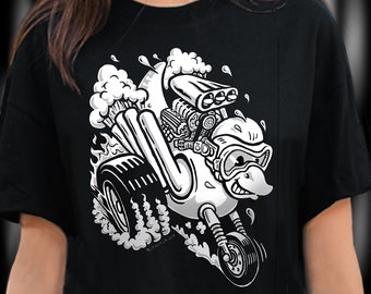 Rubber Duck Hotrod Drag Racer Black T-Shirt- Unisex Heavy Cotton Tee