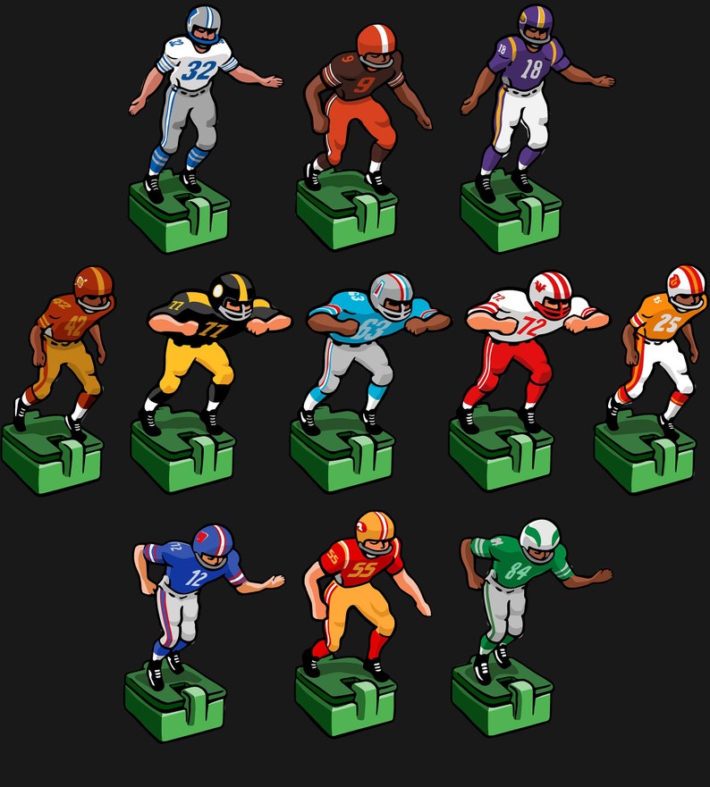 A close-up view of each player, each wearing a different uniform.