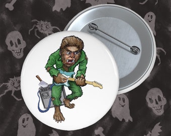 Wolfman Werewolf Rock Guitar Pin Buttons Monster Rocker Comic Cartoon Illustration Art Custom