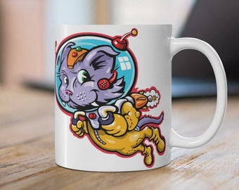 Astro Cat Mug 11oz Coffee Astronaut Outer Space Cartoon Comic Art Illustration