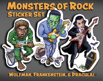 Monsters 0f Rock Stickers DraculaFrankensteinWolfmanElectricGuitarsRockers