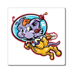 May include: A cartoon cat wearing a yellow spacesuit with a blue helmet and a red rocket pack. The cat is flying through space with a determined expression on its face.