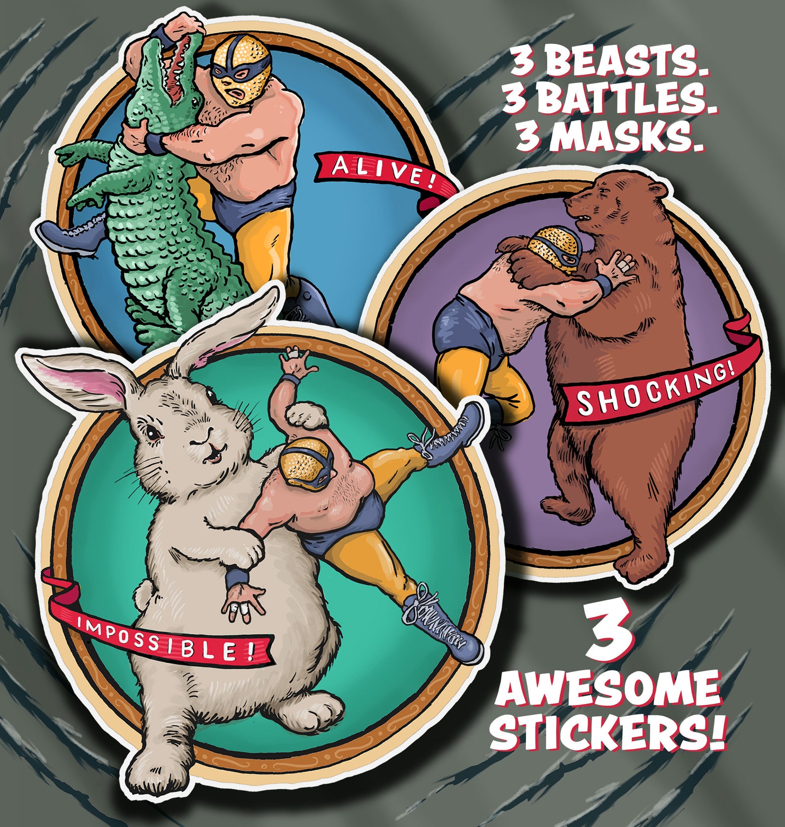 Luchador 3 Lucha Libre Wrestler Stickers Fighting Giant Rabbit Gator ...
