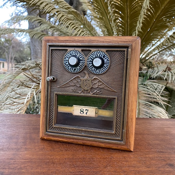 Vintage Sam Criswell American Hardwood Coin Bank with Antique Brass Metal Eagle Bank Box Door