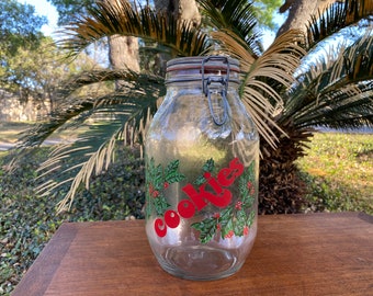 Vintage Holly Christmas Cookies Wire Bale Clear Glass Canister Jar 3L