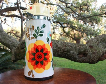 Vintage Diamond Airpot Metal and Plastic Coffee Tea Retro Flower Carafe