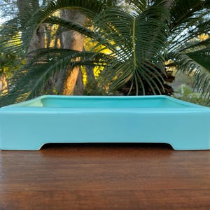 May include: A light blue rectangular ceramic planter with a raised lip and a slightly curved base.