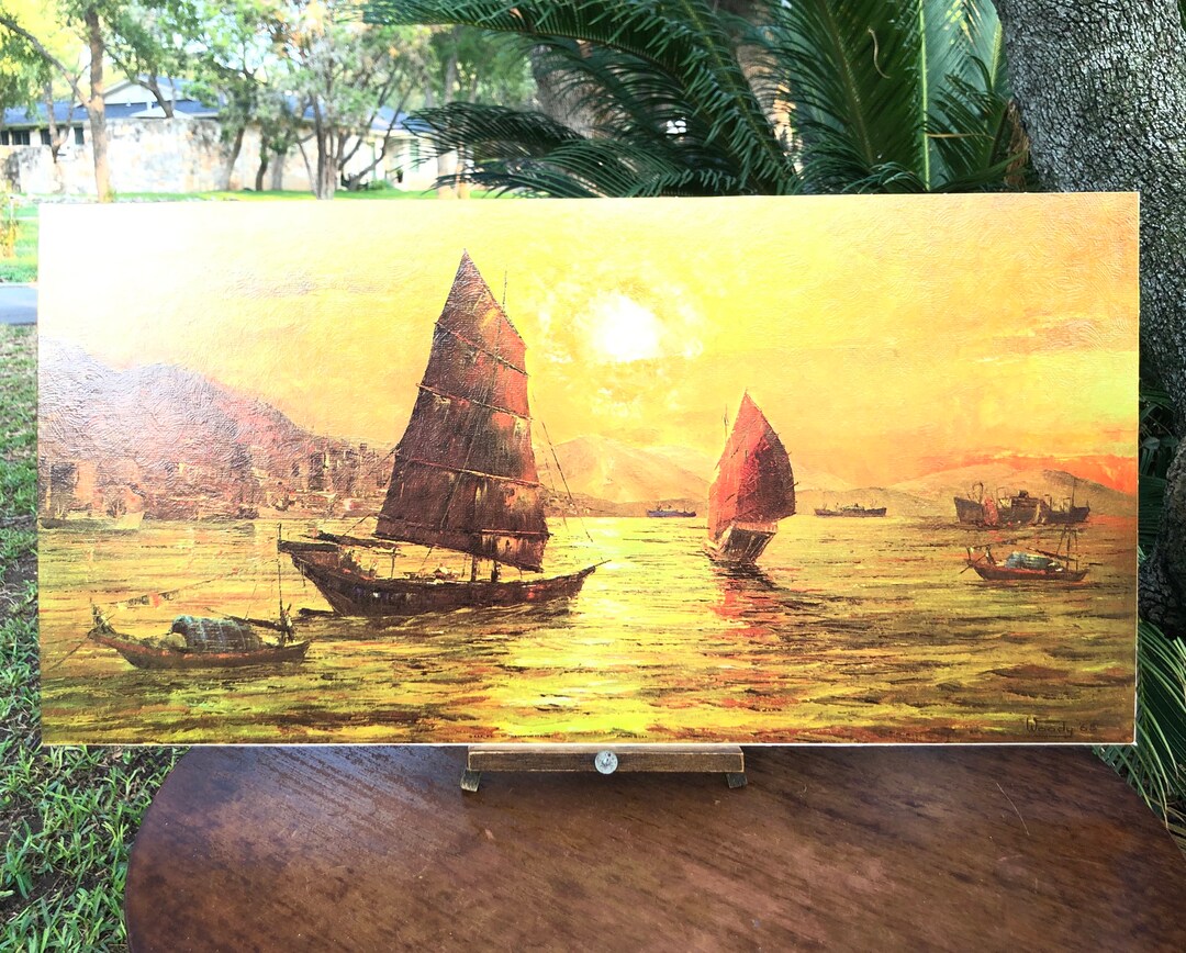 Mid Century Unframed Artwork at Sunset Woody Lithograph Sailboats Ocean