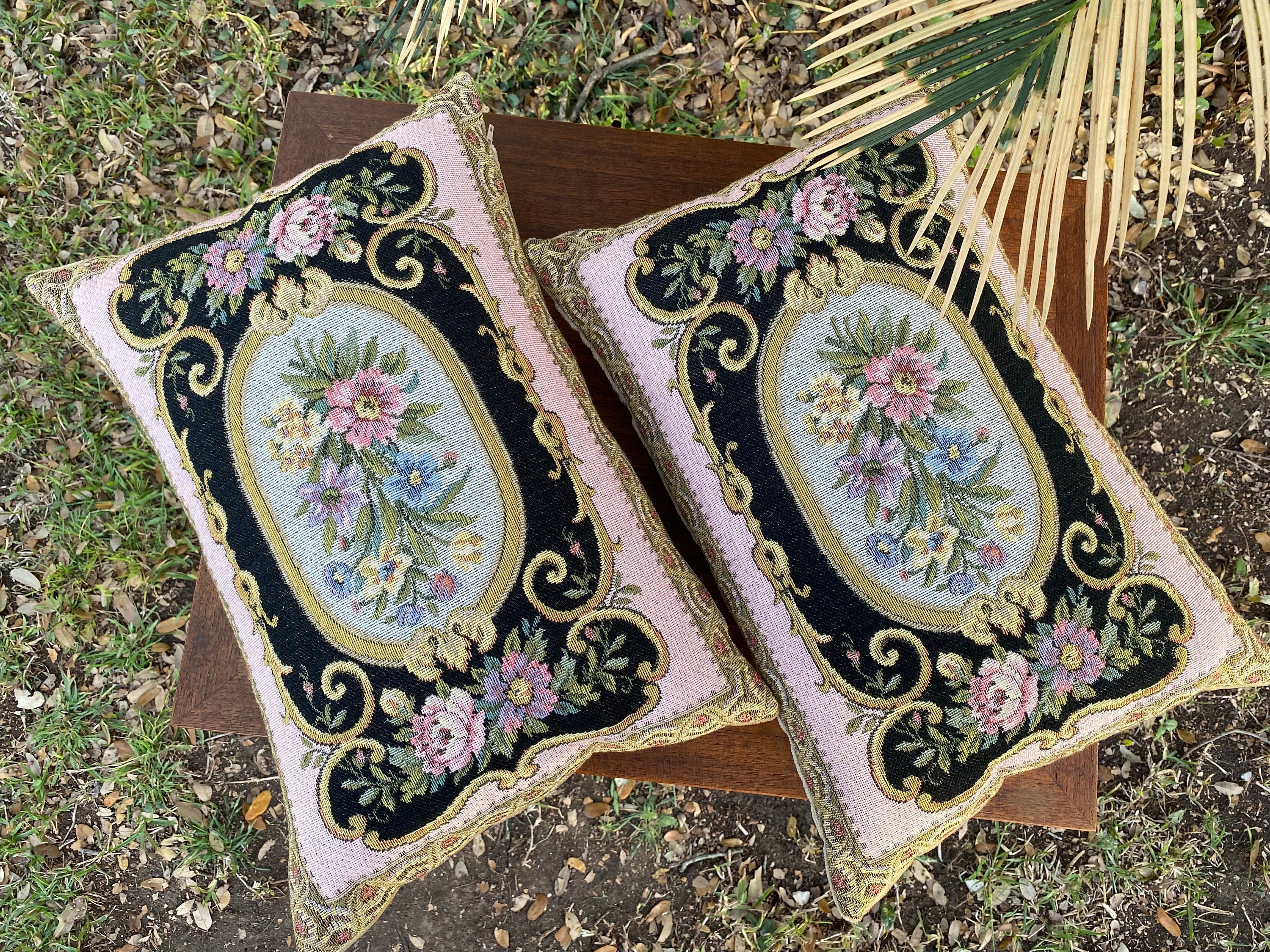 Vintage Needlepoint Floral Roses Lumbar Pillow Set of Two Etsy